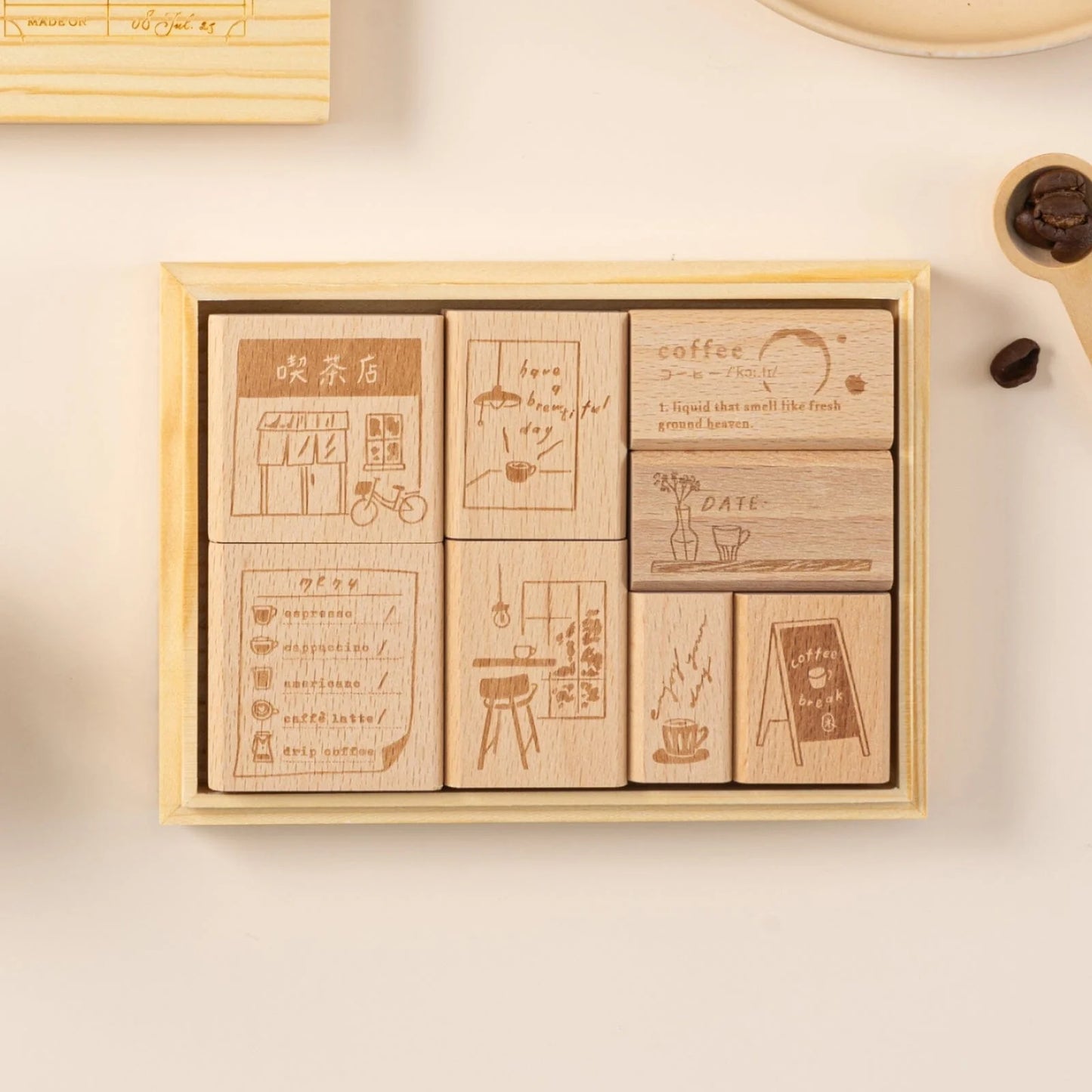 Hinoki - ‘Into the Cafe' Engraved Wooden Stamps Set